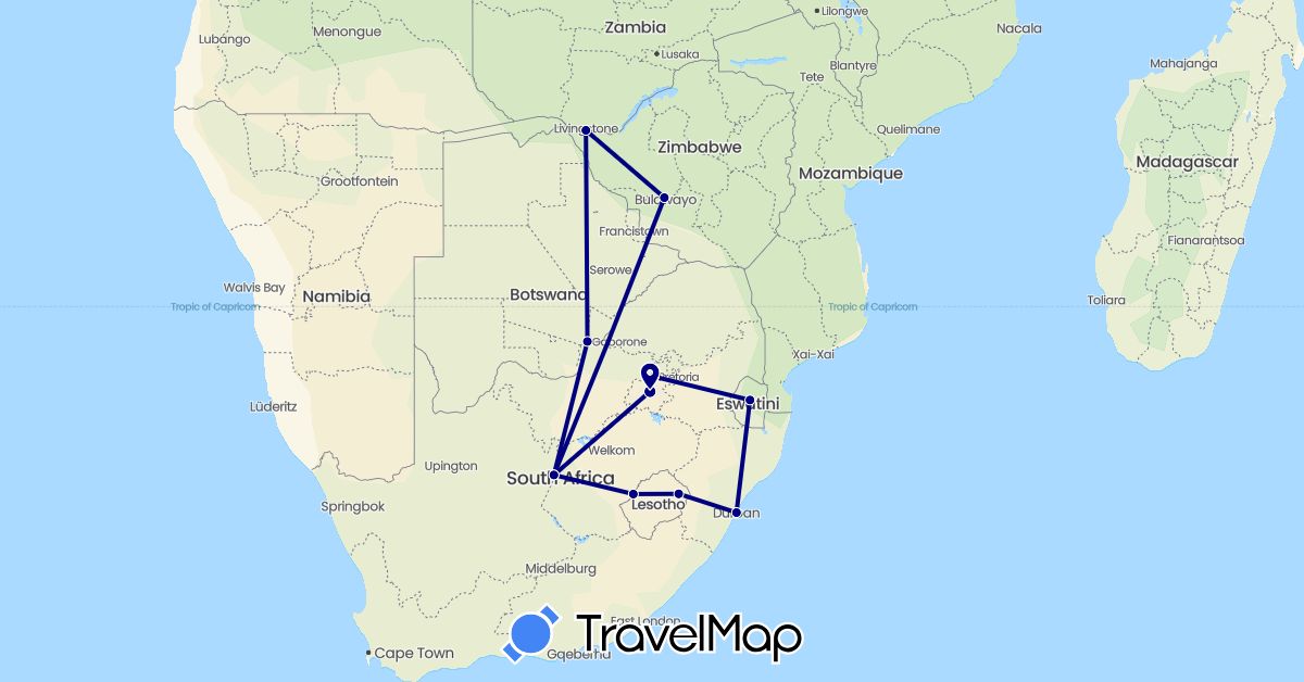 TravelMap itinerary: driving in Botswana, Lesotho, Swaziland, South Africa, Zambia, Zimbabwe (Africa)